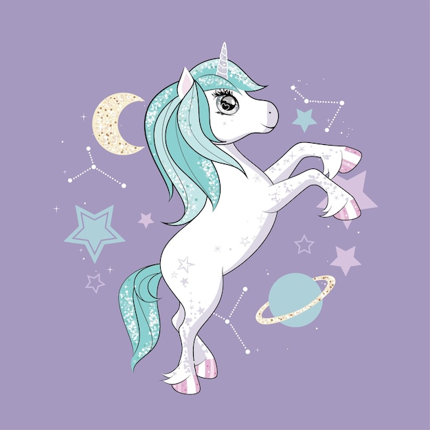 Cute unicorn with glittering and rainbow hair over purple wall with stars.