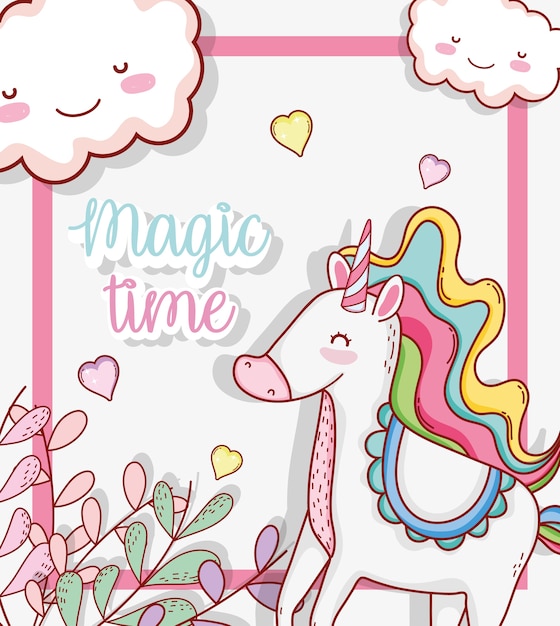 Vector cute unicorn with hearts and plants leaves