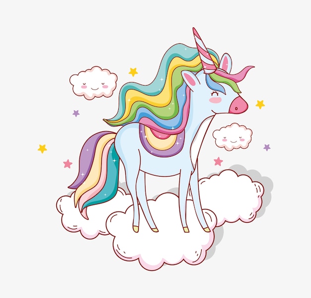 Cute unicorn with horn in the clouds and stars