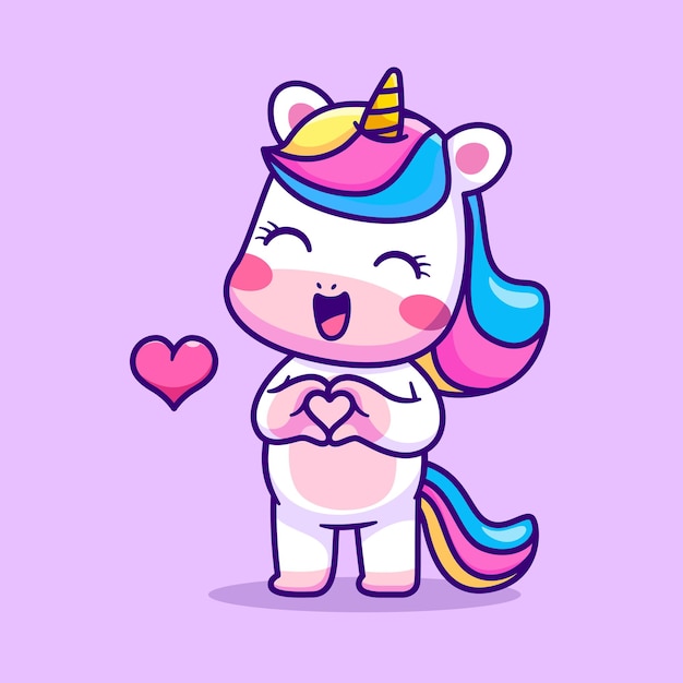 Cute unicorn with love sign hand cartoon vector icon illustration. animal love icon concept isolated