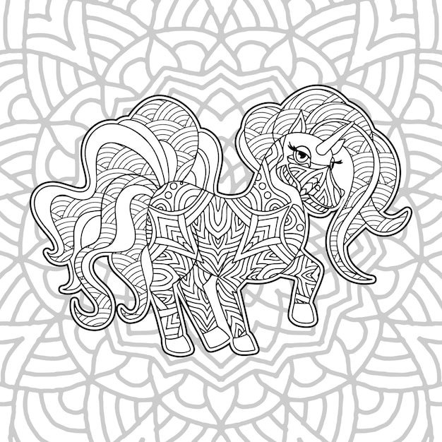 Cute unicorn with mandala outline for coloring book