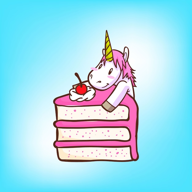 Unicorno carino con un pezzo di torta