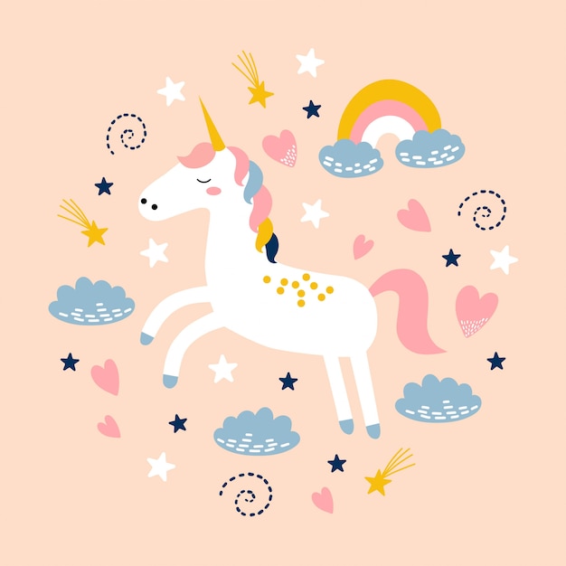 Cute unicorn with rainbow, cloud and stars.