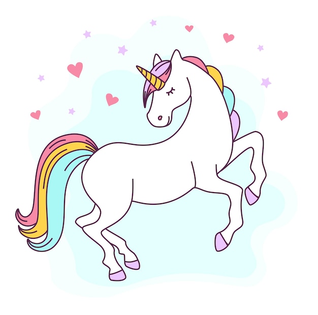 Vector cute unicorn with rainbow hair on a background of stars and hearts