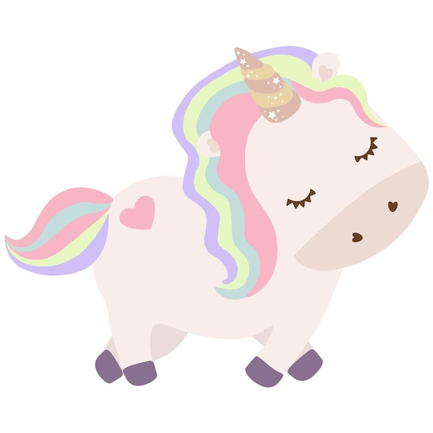 Unicorno carino con i capelli arcobaleno. illustrazione del fumetto dei bambini dell'unicorno bianco di vettore. piccolo pony