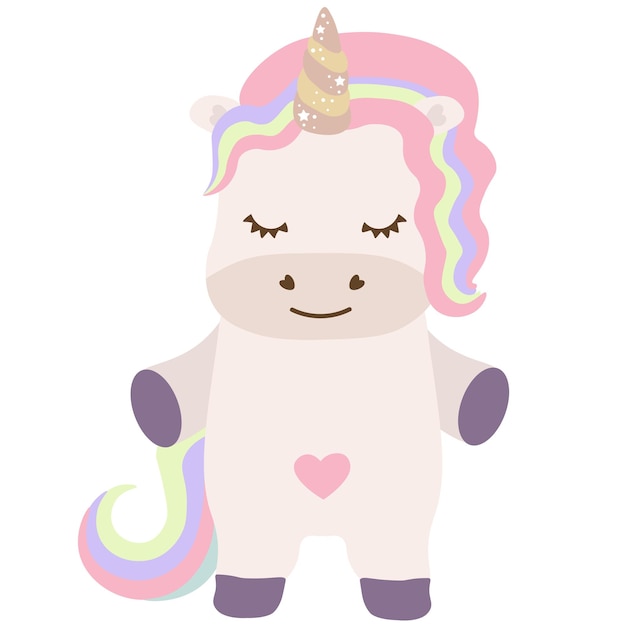 Cute unicorn with rainbow hair. Vector white unicorn kids cartoon illustration. Little pony