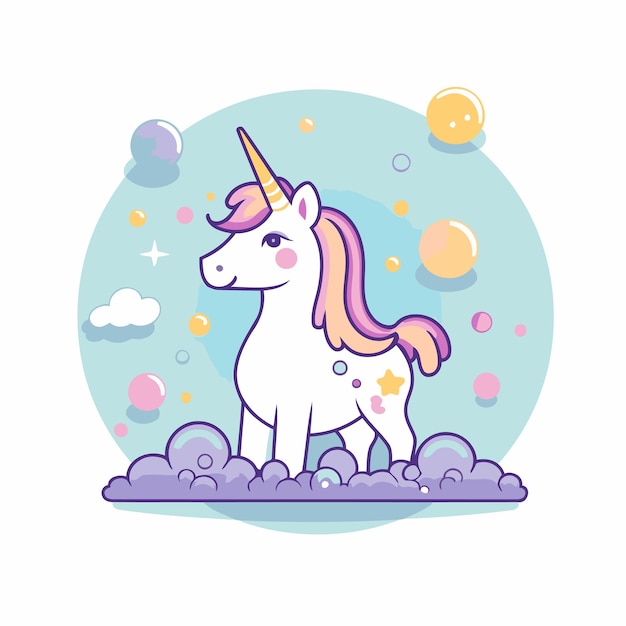 Cute unicorn with rainbow horn and bubbles in the sky Vector illustration