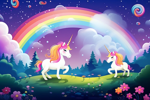 Simpatico unicorno con arcobaleno e uno spazio per la tua nota