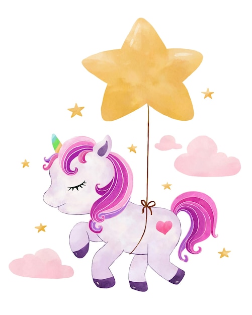 Cute unicorn with star balloons