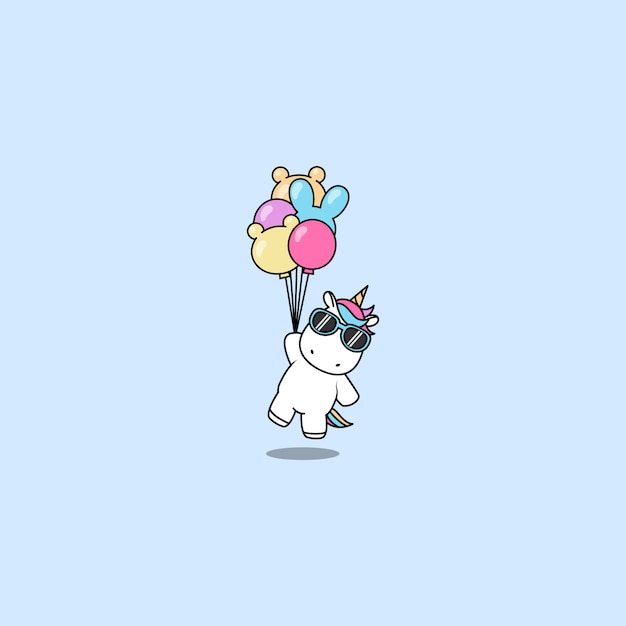 Cute unicorn with sunglasses holding balloons