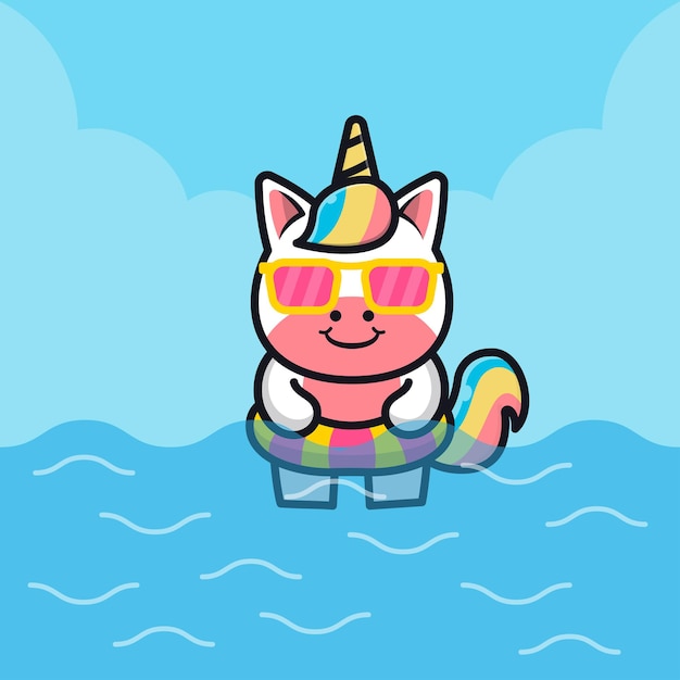 Cute unicorn with swim ring cartoon   illustration animal summer concept