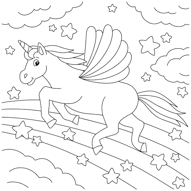 Unicorno carino con le ali cavallo magico fata pagina del libro da colorare per bambini