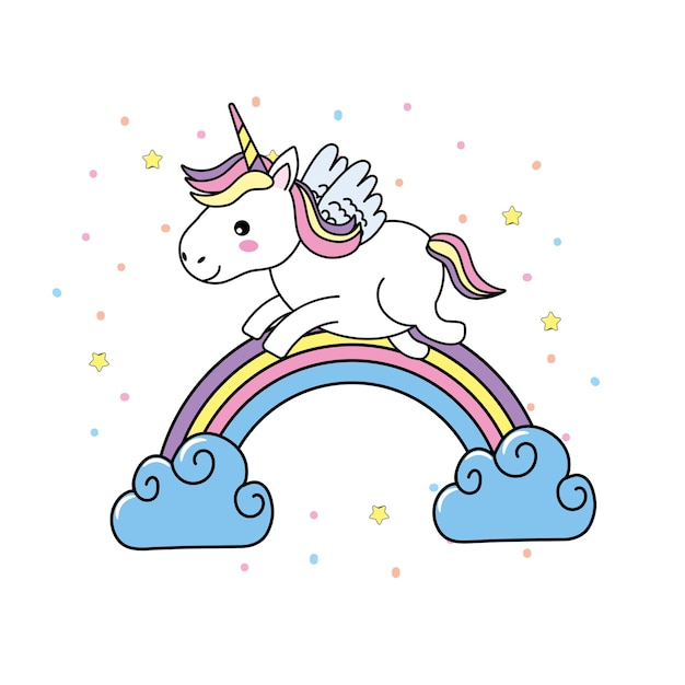 Cute unicorn with wings and rainbow with clouds