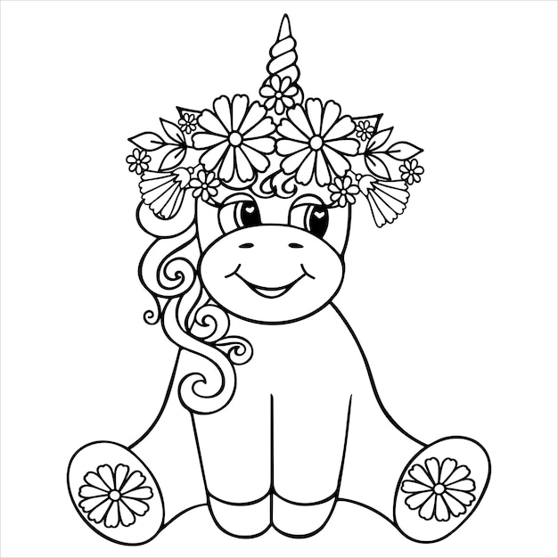 Vector cute unicorn in a wreath flower freehand sketch linear flat vector illustration