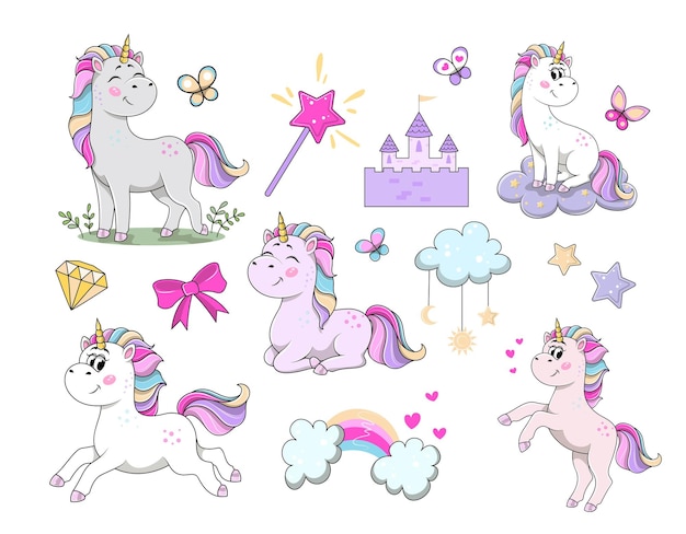 Vector cute unicorns collection