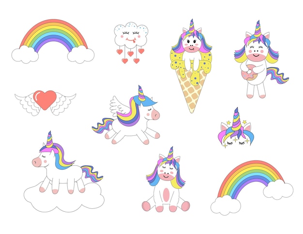 Vector cute unicorns rainbows cloud set magical kawaii characters design for stickers cards posters tshirt