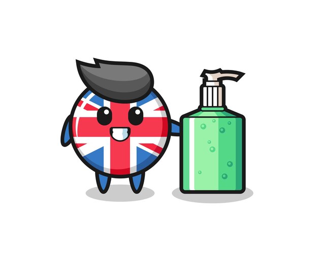 Cute united kingdom flag badge cartoon with hand sanitizer