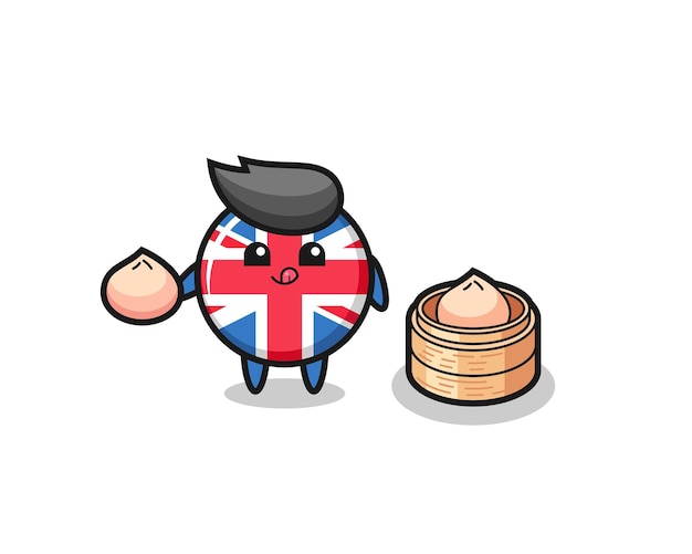 Vettore simpatico personaggio del distintivo della bandiera del regno unito che mangia panini al vapore
