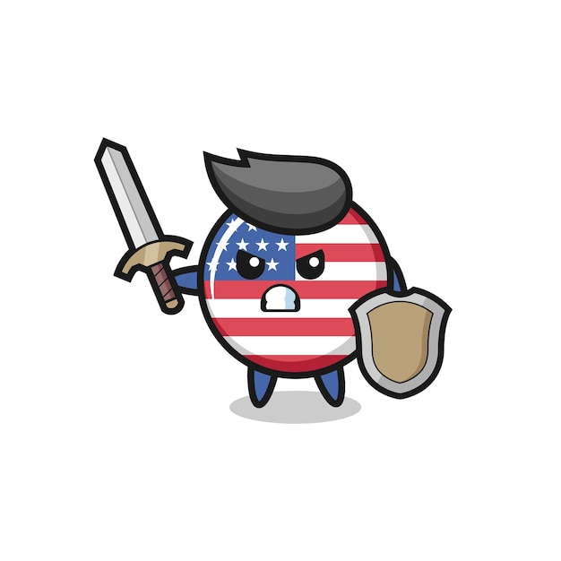 Vector cute united states flag badge soldier fighting with sword and shield , cute style design for t shirt, sticker, logo element