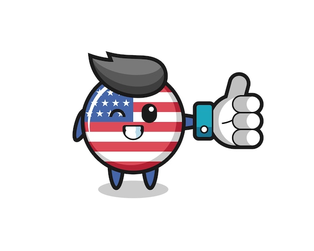 ソーシャルメディアの親指を立てるシンボル、tシャツ、ステッカー、ロゴ要素のかわいいスタイルのデザインとかわいい米国旗バッジ