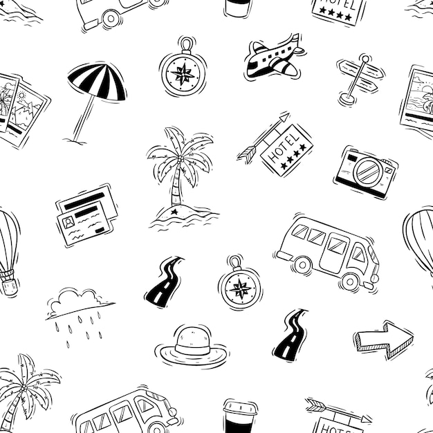 cute vacation or travel doodle elements in seamless pattern