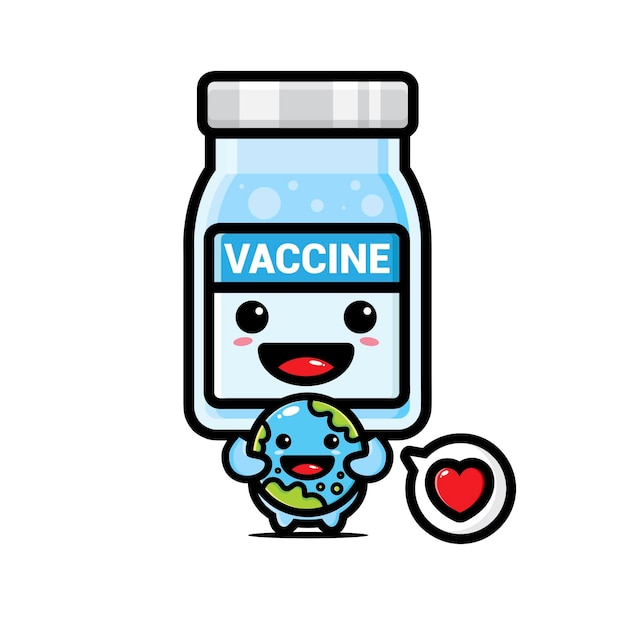 Cute vaccine mascot hugging the earth