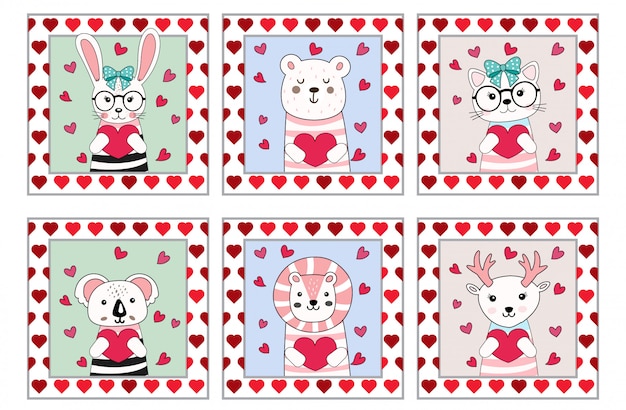 Vector cute valentine animal cartoon hand drawn style