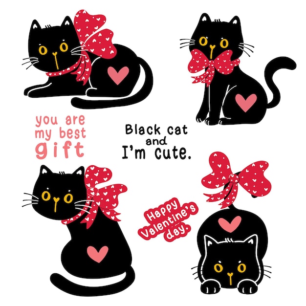 Cute valentine black cat kitten with red ribbon bow holiday gift collection set, doodle illustration clip art