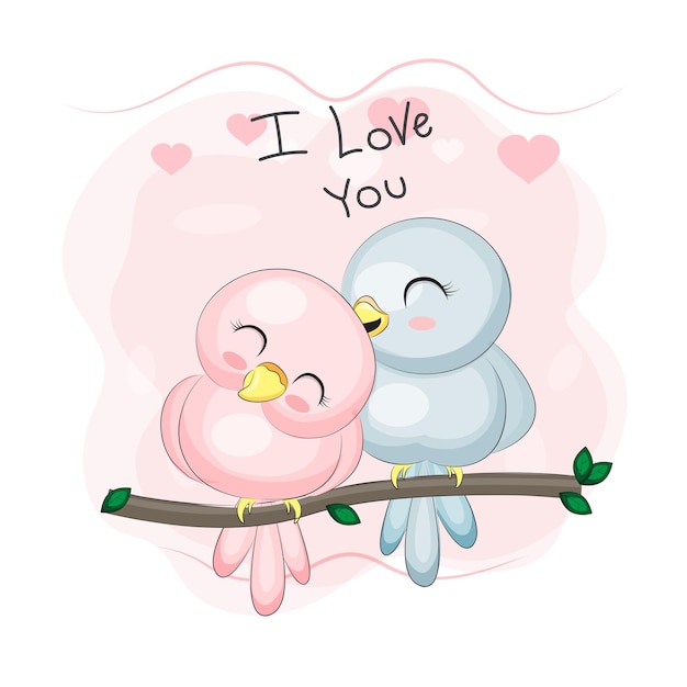 cute valentine couple birds kiss valentine's day template vector illustration