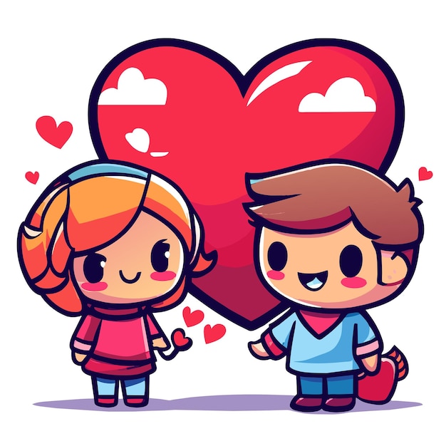 귀여운 발렌타인 커플 사랑 손으로 그려진 평평하고 세련된 마스코트 만화 캐릭터 그림 스티커