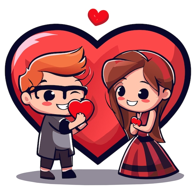 Милая пара Валентина любит нарисованную вручную плоскую стильную талисманную наклейку с рисунком персонажа мультфильма