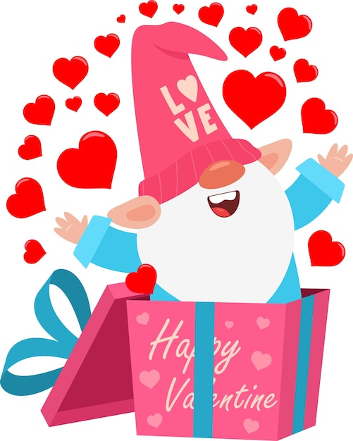 Милый персонаж мультфильма Валентин Гном Выход из коробки подарков с сердцами