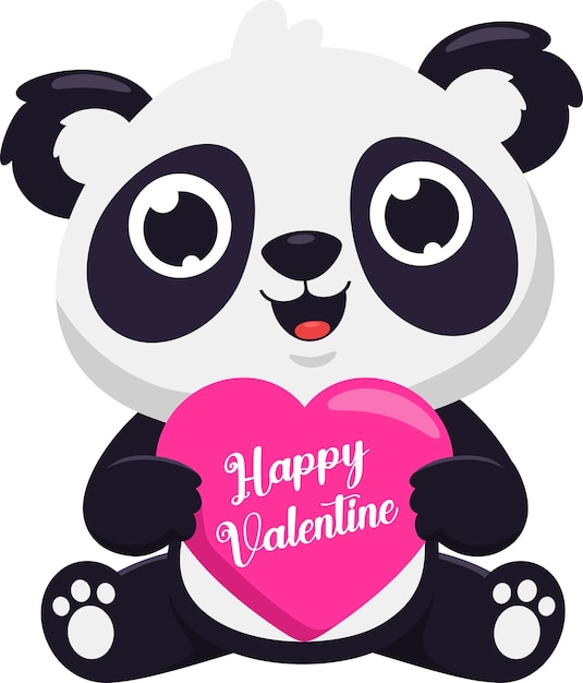 Vector cute valentine panda bear cartoon character holding a heart with text