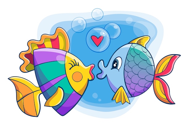 Cute valentine's day animal couple with fish