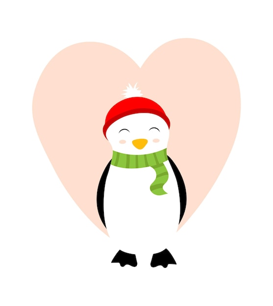 Cute valentine's day holiday celebration greeting card template with penguin isolated on white background Flat cartoon vector illustration with animal character and heart shape Love feeling concept