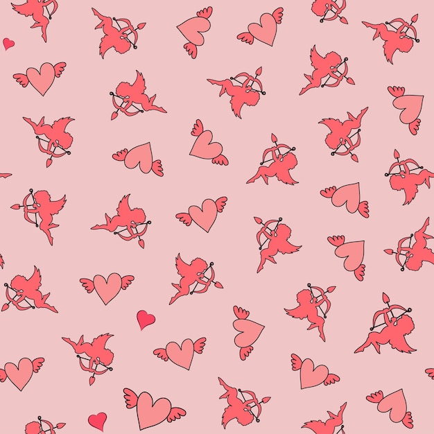 Cute valentine seamless pattern with silhouettes of angels cupids with arrows and hearts