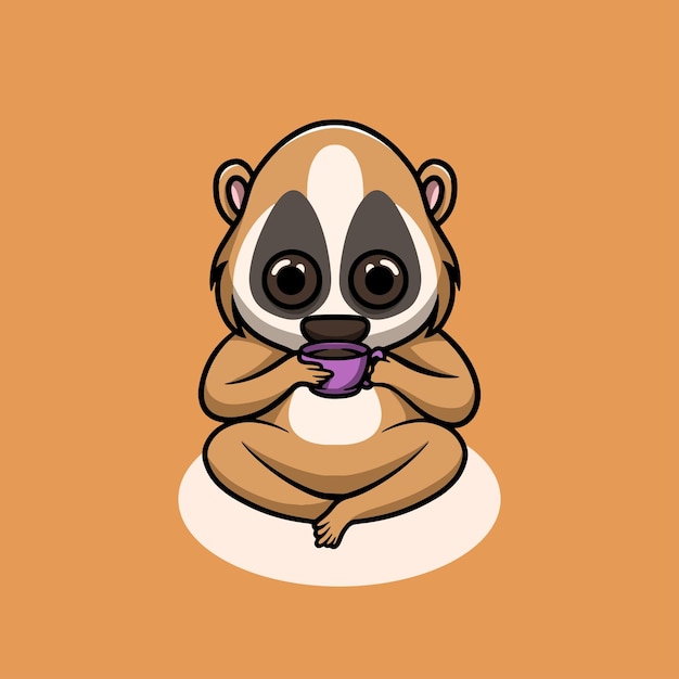 cute valentine slow loris drinking hot chocolate cartoon illustration