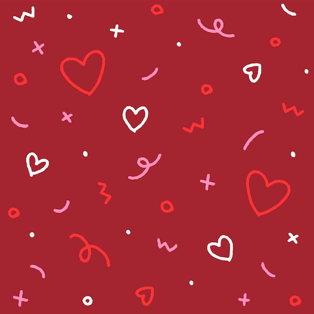 かわいいバレンタインデーの抽象的な紙吹雪 ハートを振りかける 抽象的なピンクのシームレスなパターン 赤の背景