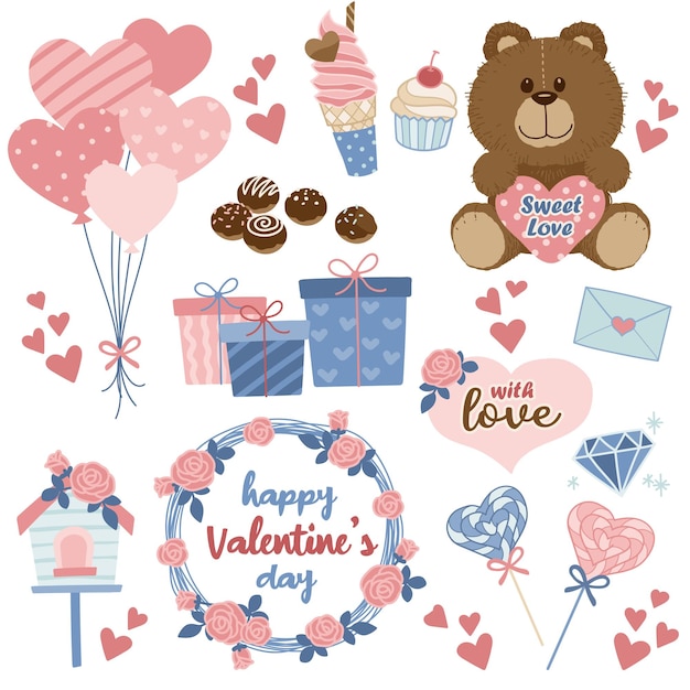 Vector cute valentines day illustration with balloons ice cream chocolate balls gifts teddy bears bir