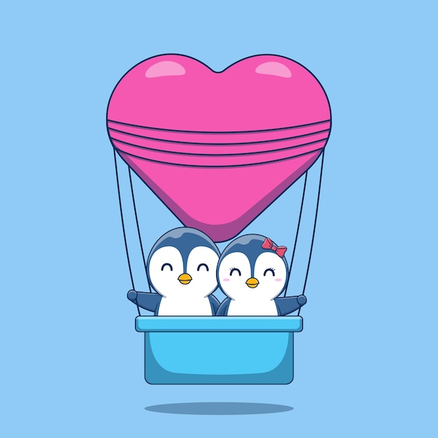 Cute Valentines day penguin couple on a heart shaped hot air balloon