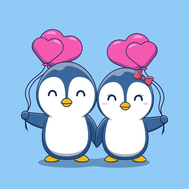 Vector cute valentines day penguin couple holding heart shaped balloons