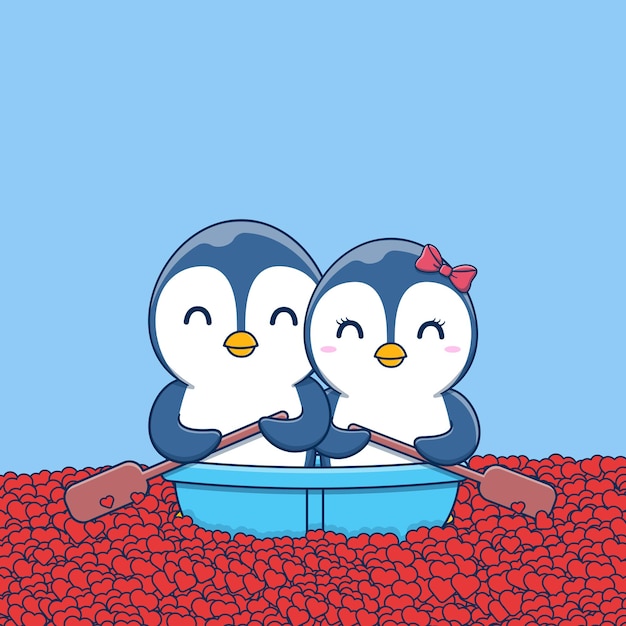 Vector cute valentines day penguin couple rowing a canoe in the sea of hearts