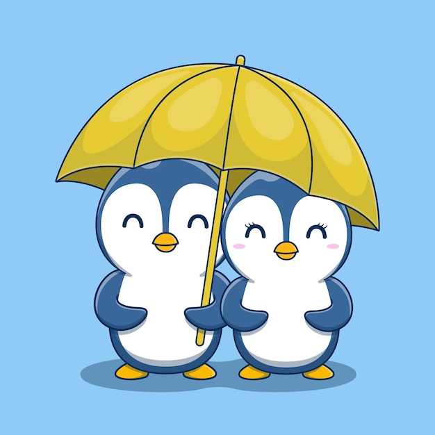 傘の下でかわいいバレンタインデーのペンギンのカップル