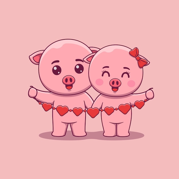 Cute Valentines day pig couple holding hearts garland