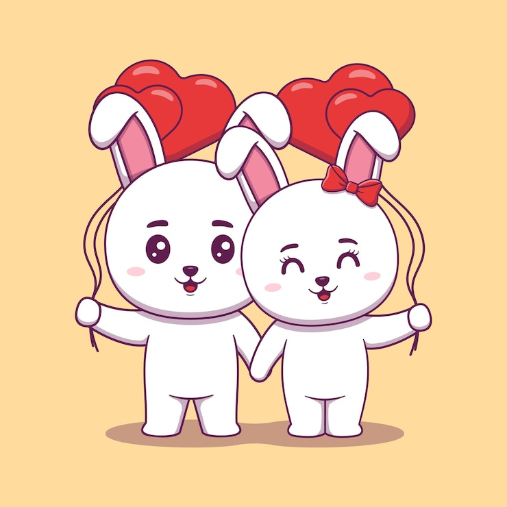 Vector cute valentines day rabbit couple holding heart shaped balloons