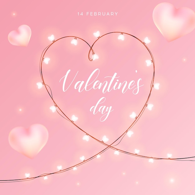 cute Valentines day square banner. Realistic hearts and garland. Pink background