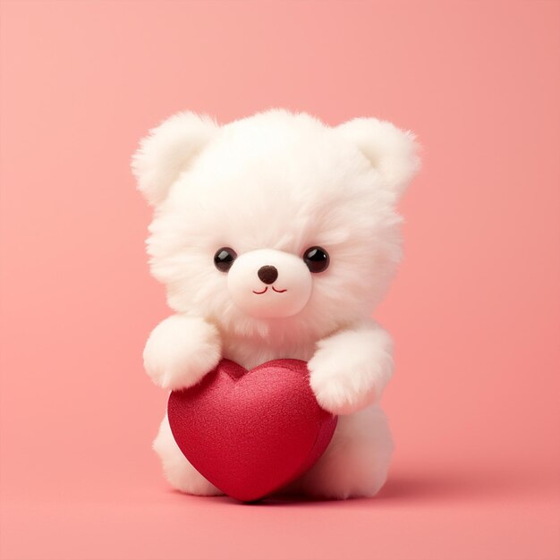 Cute Valentines day white teddy bear holding heart isolated on pink background