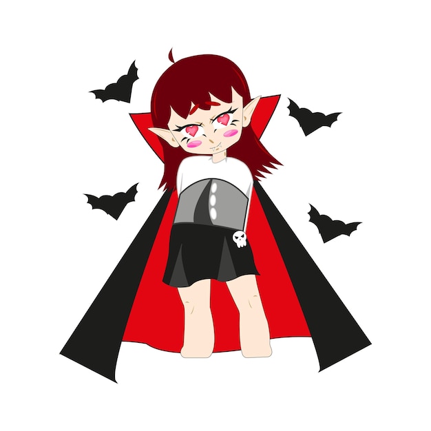 사랑에 빠진 귀여운 뱀파이어 애니메이션 소녀 만화 할로윈 아이콘 뱀파이어 의상을 입은 멋진 아가씨