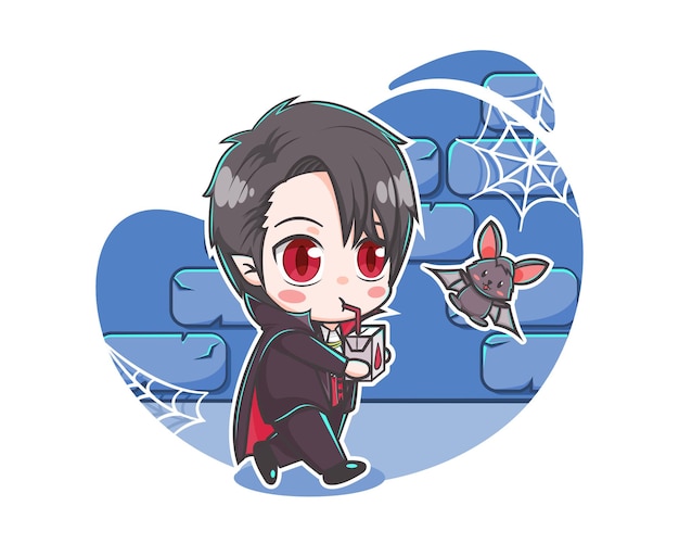 Vector cute vampire drinking blood with a bat cartoon illustration