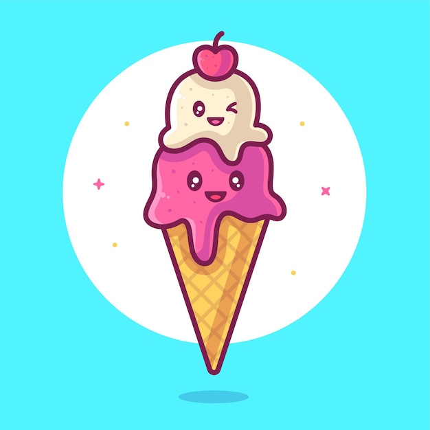 귀여운 바닐라와 딸기 아이스크림 그림 음식 또는 디저트 로고 벡터 아이콘 그림